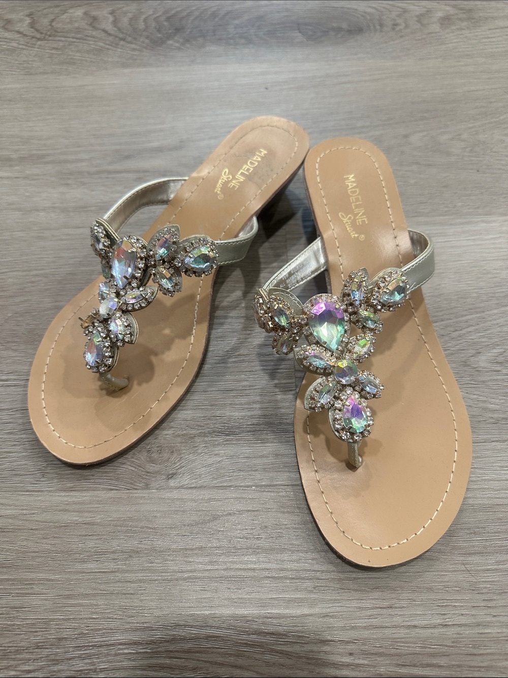 Madeline Iridescent Crystal Embellished Silver Thong Sandals